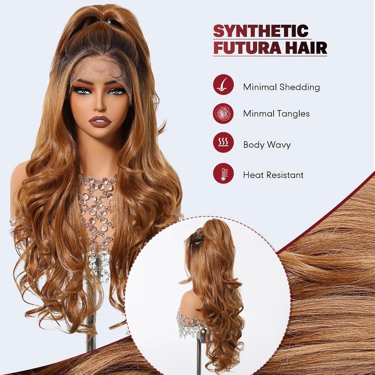 13*6 Lace Front Synthetic Wigs for Black Women Brown Copper 26 Inches Long Wavy Curly Wigs With Baby Hair Natural Hairline Wigs