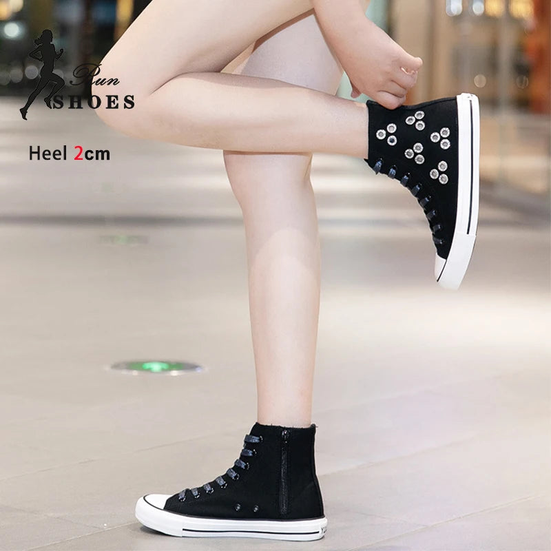 Breathable Hollow Canvas Short Boots Summer Women Black Casual Shoes Punk Rivet Flat Bottomed Shoes 2CM Woman High top Sneakers