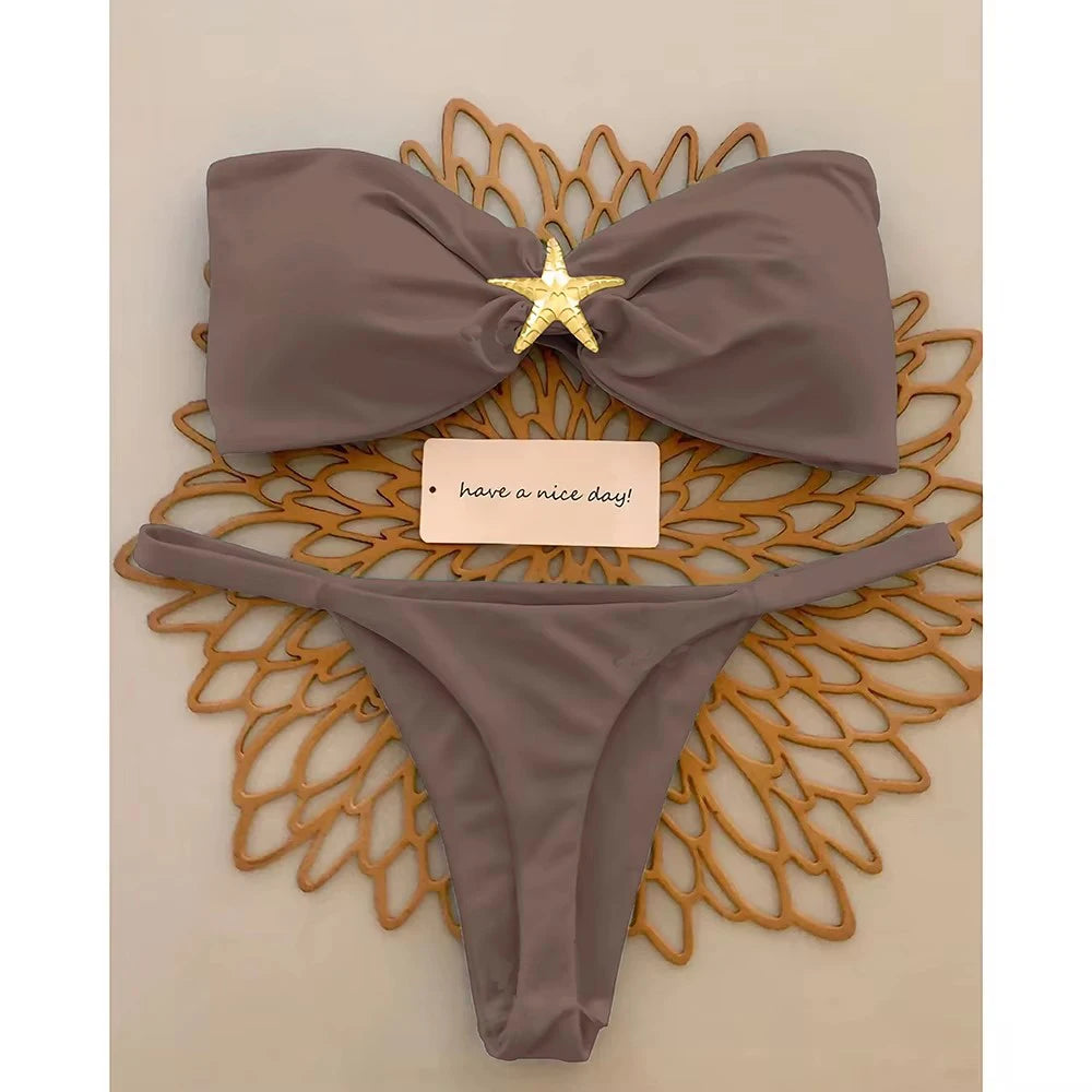 Sexy Bandeau Bikini Set 2026 Women Sky Blue Starfish Ornament Push Up Thong Swimsuit Brazilian Beach Bathing Suit Micro Swimwear