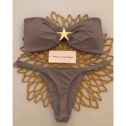 Sexy Bandeau Bikini Set 2026 Women Sky Blue Starfish Ornament Push Up Thong Swimsuit Brazilian Beach Bathing Suit Micro Swimwear