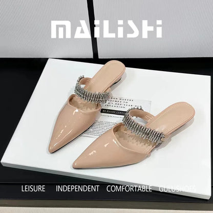 Luxury Crystal Women Slippers Pointed Toe Mules Shoes Elegant Heeled Sandals New Party Slingabck Flip Flops Elegant Mujer Shoes