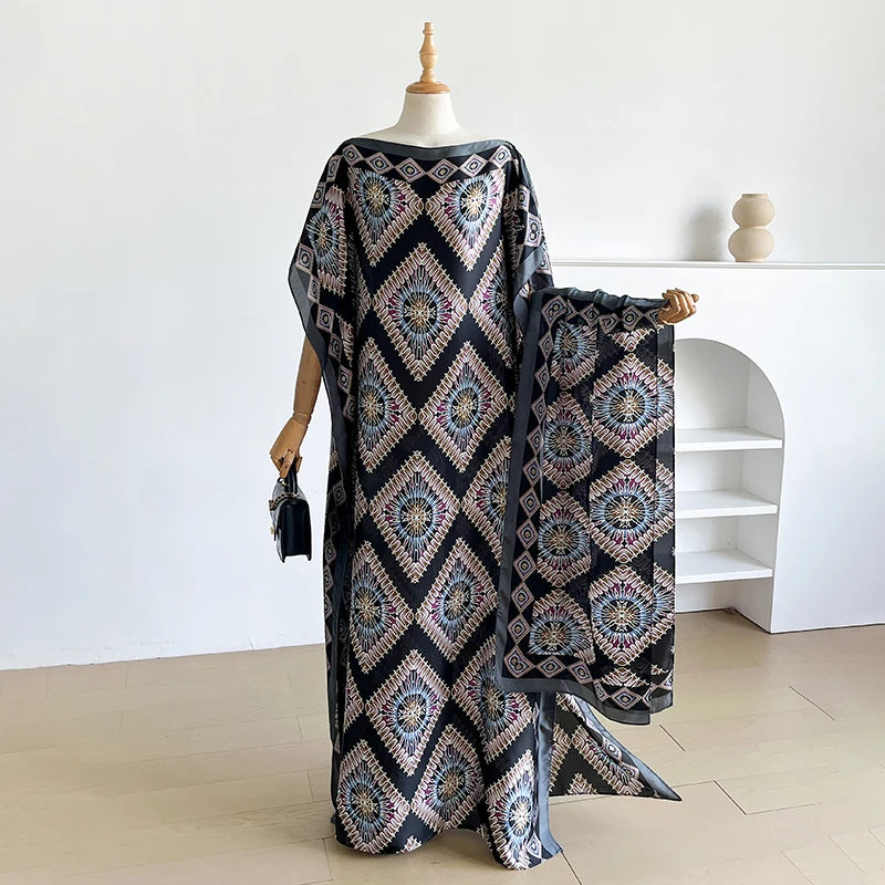 Fashion Summer Kaftan Dress for Women with Big Scarf Loose Abaya Muslim Casual Print Shawl Robe African Style Dubai Turkey