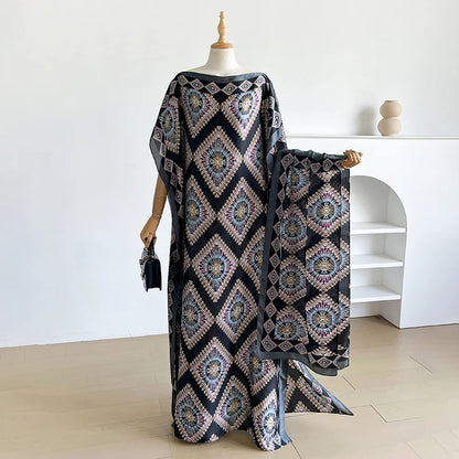 Fashion Summer Kaftan Dress for Women with Big Scarf Loose Abaya Muslim Casual Print Shawl Robe African Style Dubai Turkey