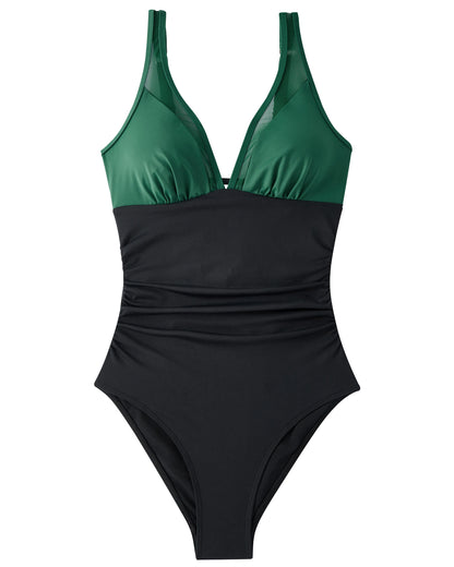 Women Sexy Mesh One Piece Swimsuit Tummy Control Ruched Slimming Shapewear Bathing Suits Lace Up Back Swimwear Monokini Mujer