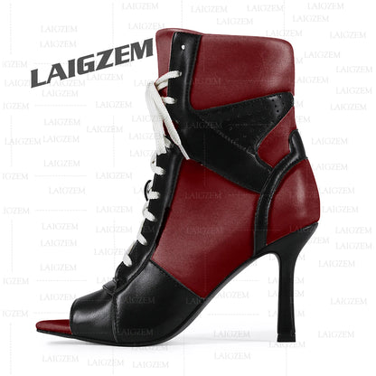 LAIGZEM Women Ankle Boots Patchwork Peep Toe Thin High Heels Boots Lace up Short Boos Ladies Handmade Shoes Woman Size 39 41 43