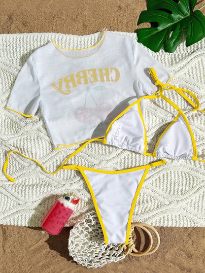 Cute Halter Bikini 3 Pieces Cherry Print 2026 Sexy & Fresh Feeling Bathing Suit Three-Piece Swimsuit Dark Blue Beach Swimwear