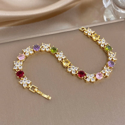 Greatera Flower Colorful Cubic Zircon Filled Decoration Women's Bracelet Delicacy Wear Party Wrist Bangle European American New