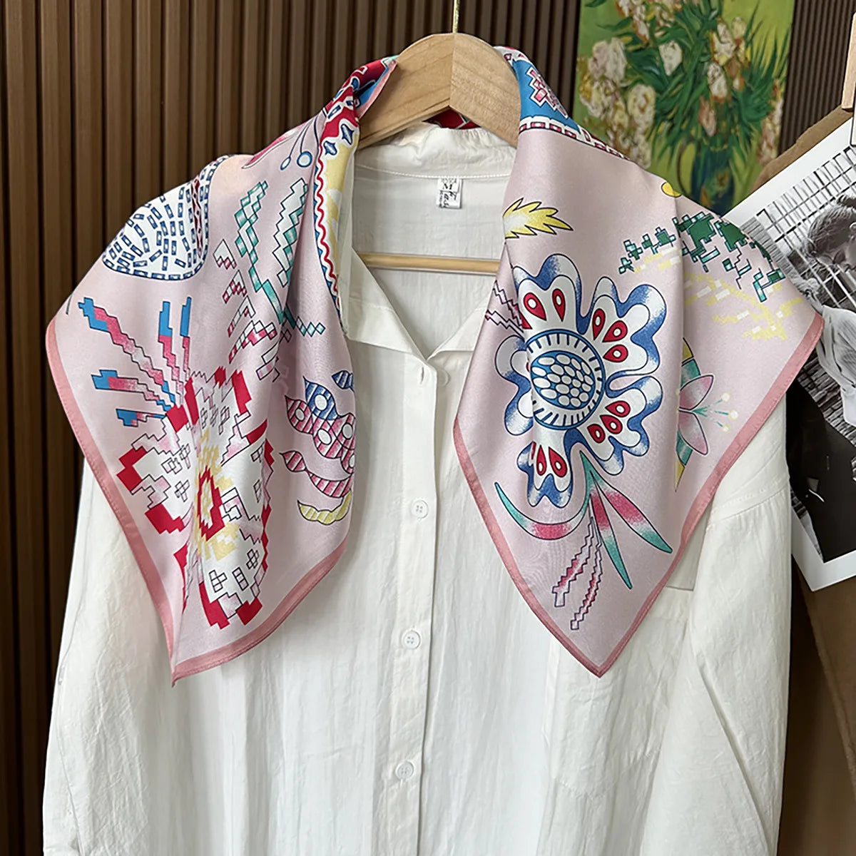 Green Boho Horse Square Scarf 70cm Ethnic Floral Satin Bandana Women Neck Handbag Wrap Elegant Silk Feel Daily Fashion Accessory