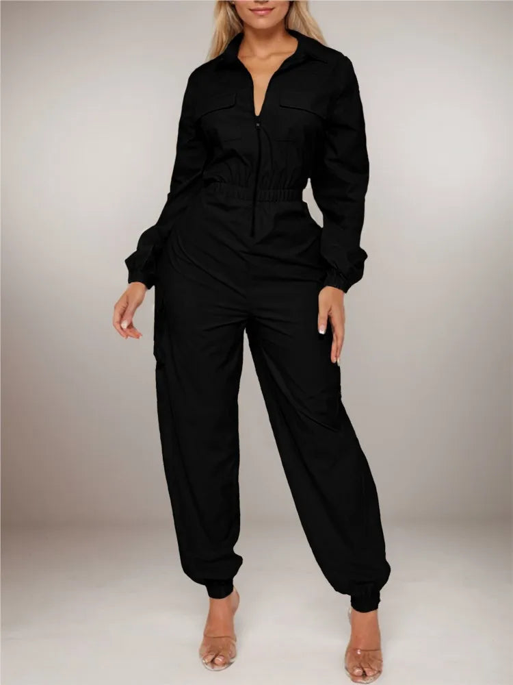 Work Jumpsuit Women's Pocket Elastic Waist Zipper Jumpsuit New Style Autumn Fashion Elegant Casual Long Sleeve Jumpsuits