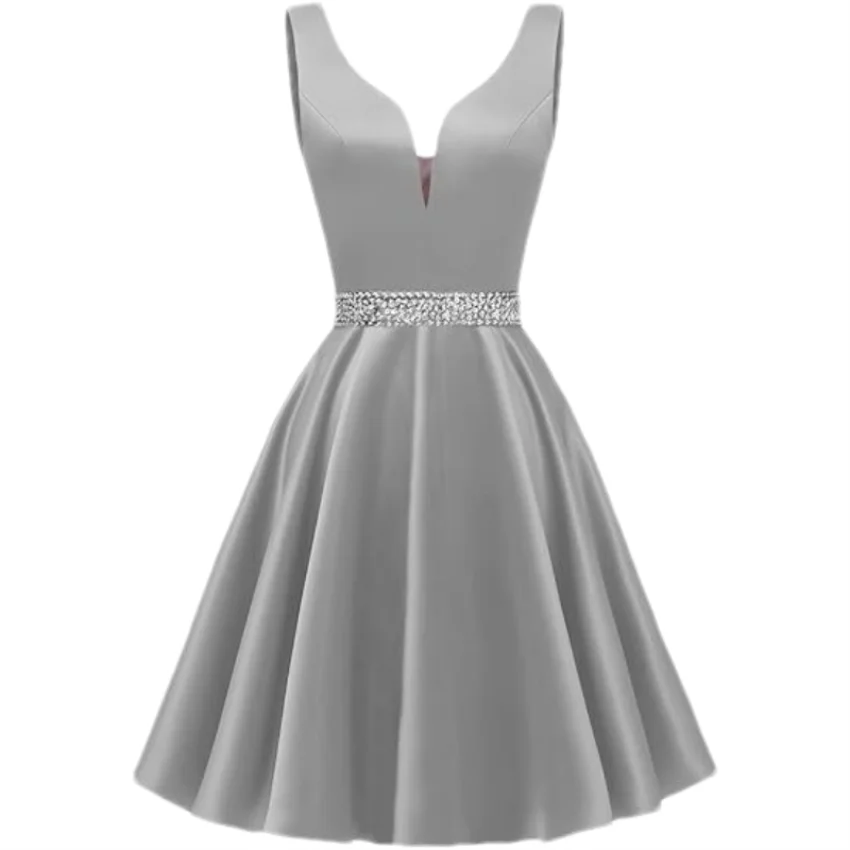 Customized Simple Satin Homecoming Dresses for Teens Short Prom Dress V-Neck Beaded Belts Evening Formal Cocktail Party Gowns