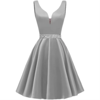 Customized Simple Satin Homecoming Dresses for Teens Short Prom Dress V-Neck Beaded Belts Evening Formal Cocktail Party Gowns