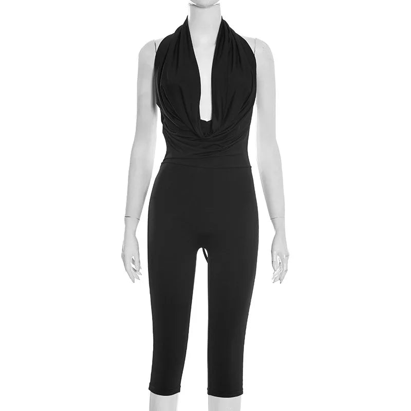 Summer Fashion New Women Sexy Jumpsuit Plunge Halterneck Backless Lace-up Solid Color Ruched One Piece Romper Capri Jumpsuits