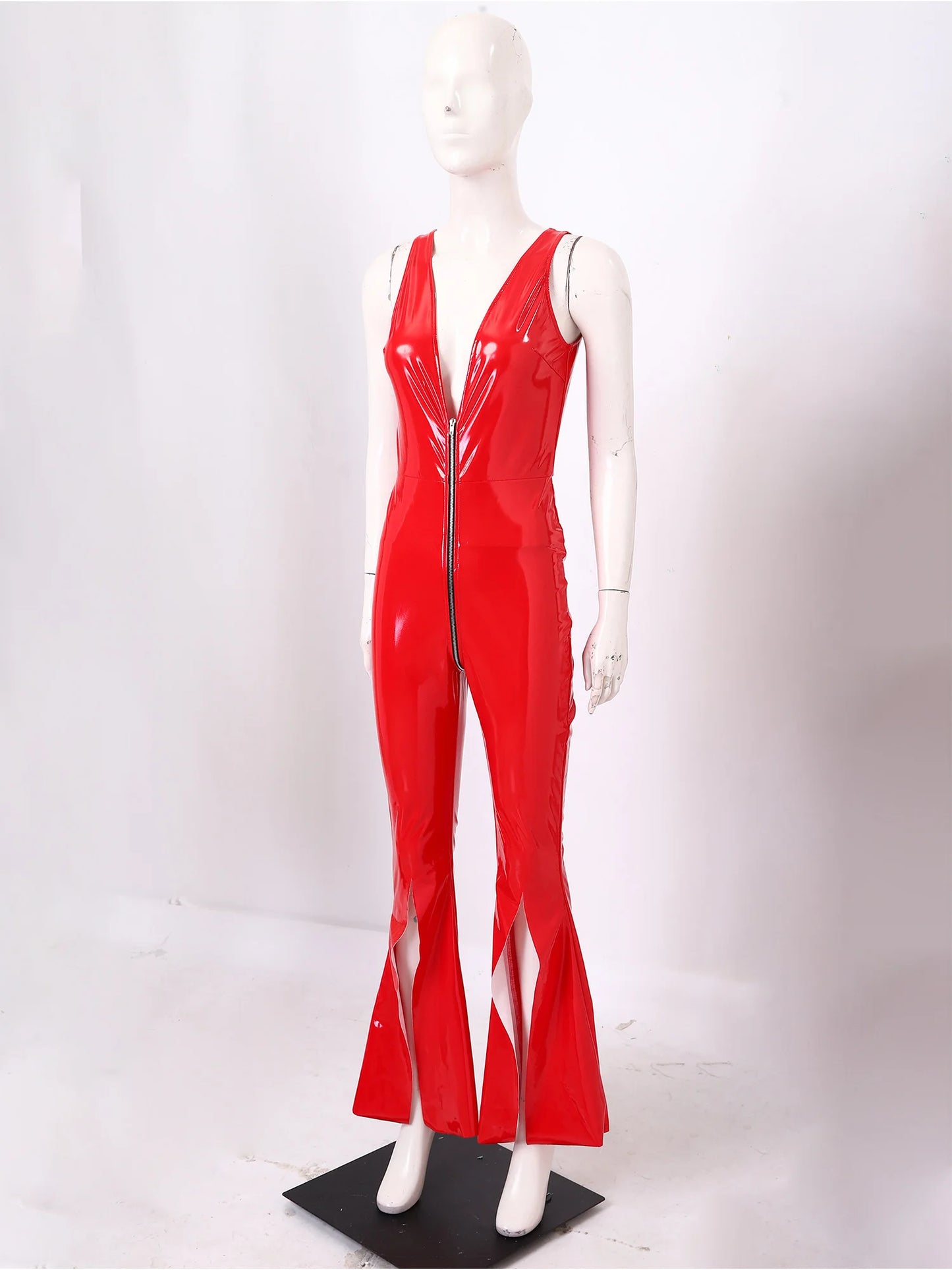 Women Glossy PU Flared Jumpsuit Deep V Neck Double-ended Zipper Split Bell Bottom Sleeveless Unitard Rompers Rave Party Clubwear