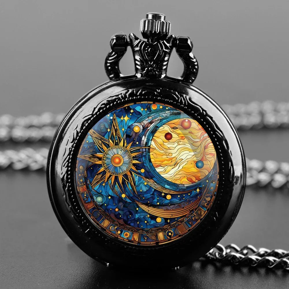 Vintage Sun and Moon Pendant Glass Dome Pocket Watch Souvenir Chain Clock Arabic Numerals with Personality Gift for Women Men