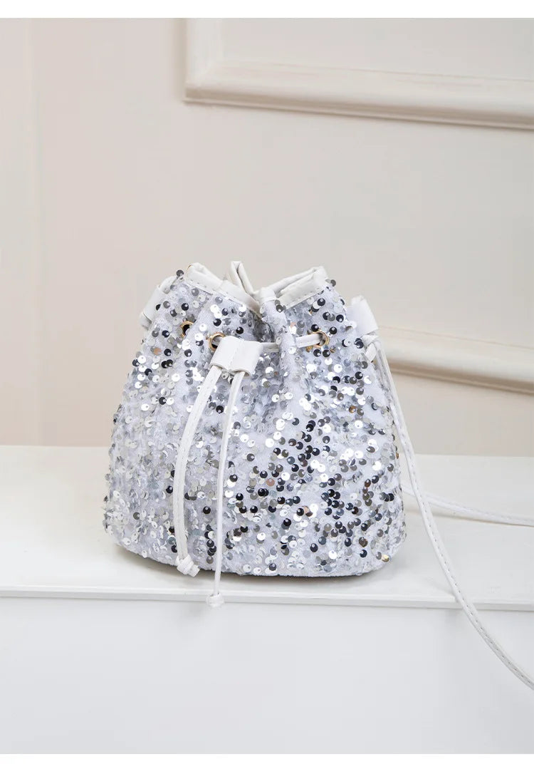 New Chic Multicolor Sequin Shing Shoulder Bag Fashion Versatile Handbag Drawstring Bucket Bag Large Capacity Wallet Purse Bags