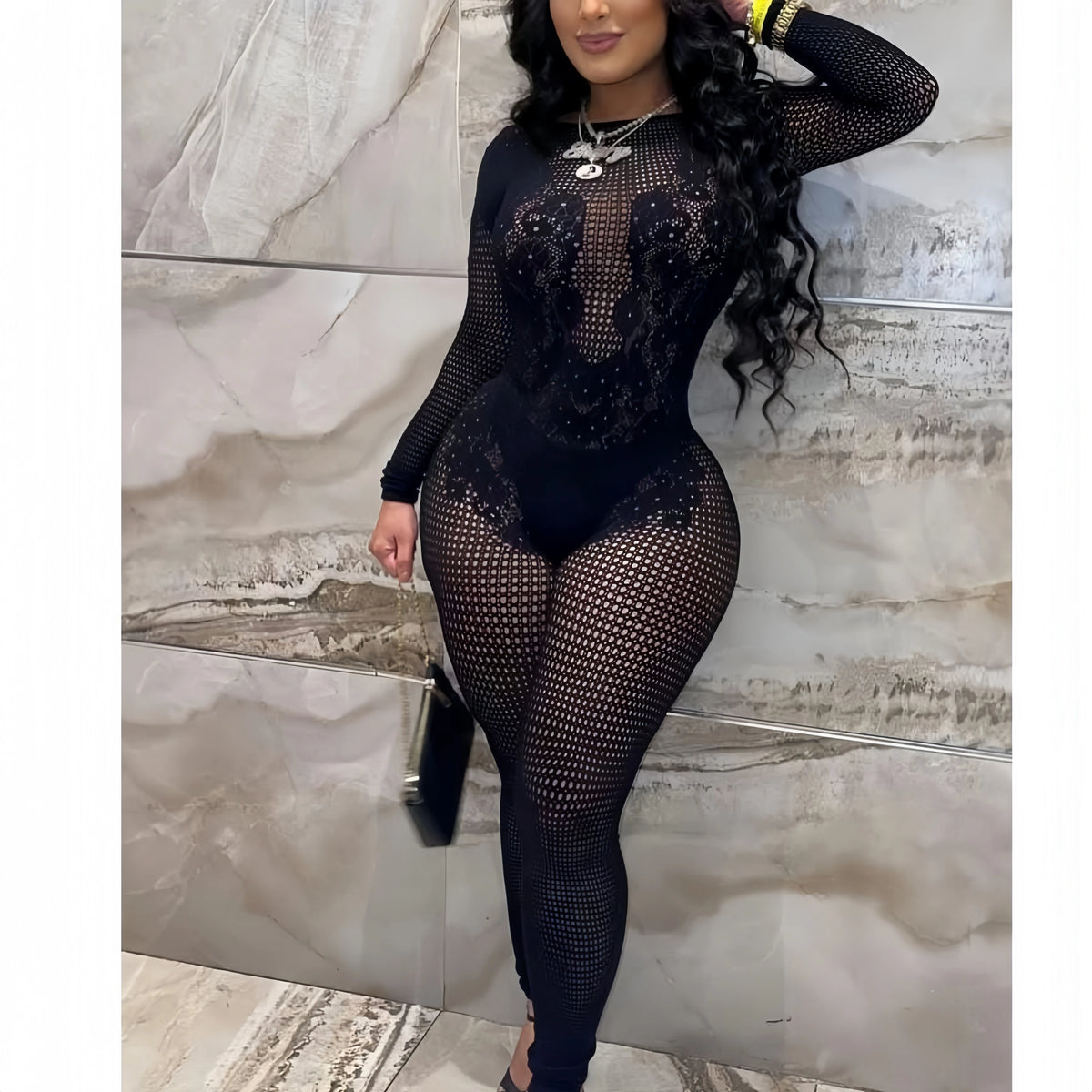HLJ&GG Black Sexy High Quality Stretchy Knit See Though Bodycon One Piece Jumpsuits Women Long Sleeve Slim Playsuits Streetwear