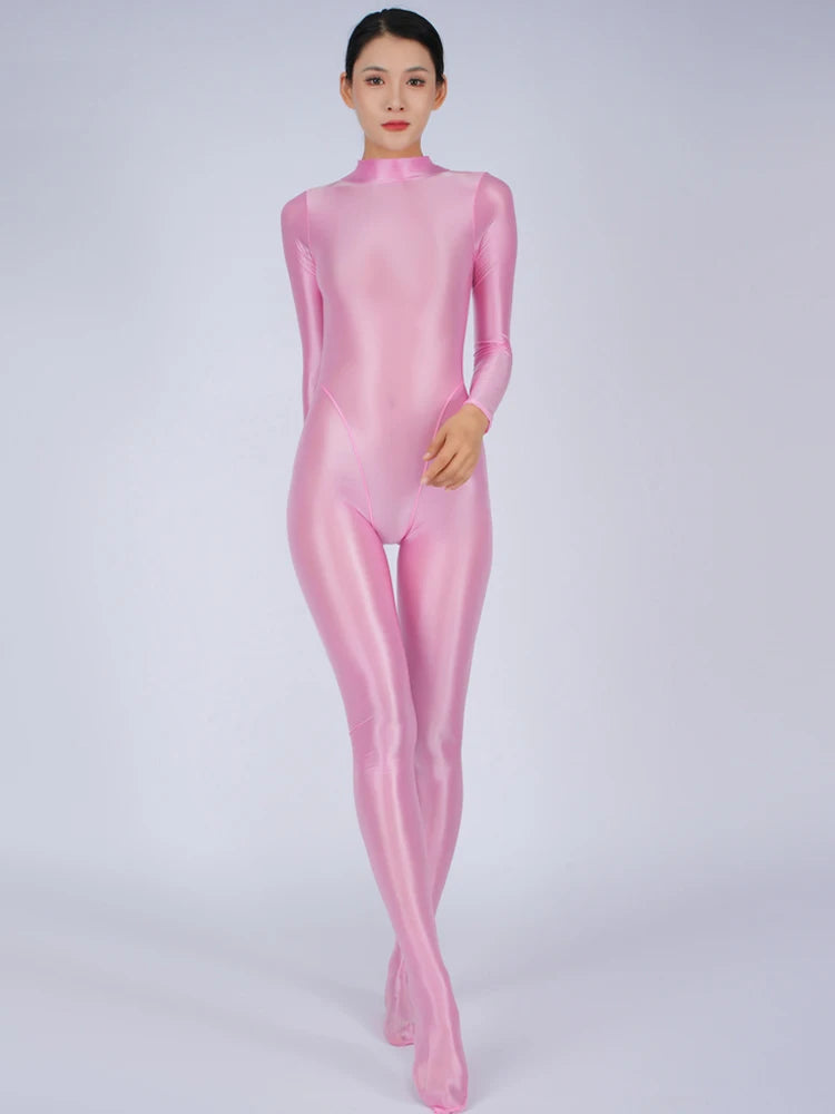 Sexy Women Yoga Shaper Tight Wear Oil Glossy Shiny Elastic Bodysuit Sheer See Through Rompers Jumpsuits Candy Color