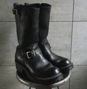 Retro Style Round Toe Belt Buckle Mid-Calf Platform Men Motorcycle Boot Chunky Middle Heels Buckle Strap Design Large Size Shoes