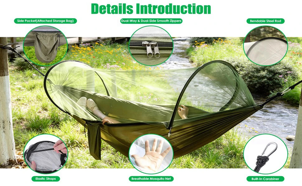 Fully Automatic Quick-Open Mosquito Net Hammock, Outdoor Single-Double Nylon Cloth Camping Support Rod, Mosquito Net, Hammock, Mosquito Repellent Hammock