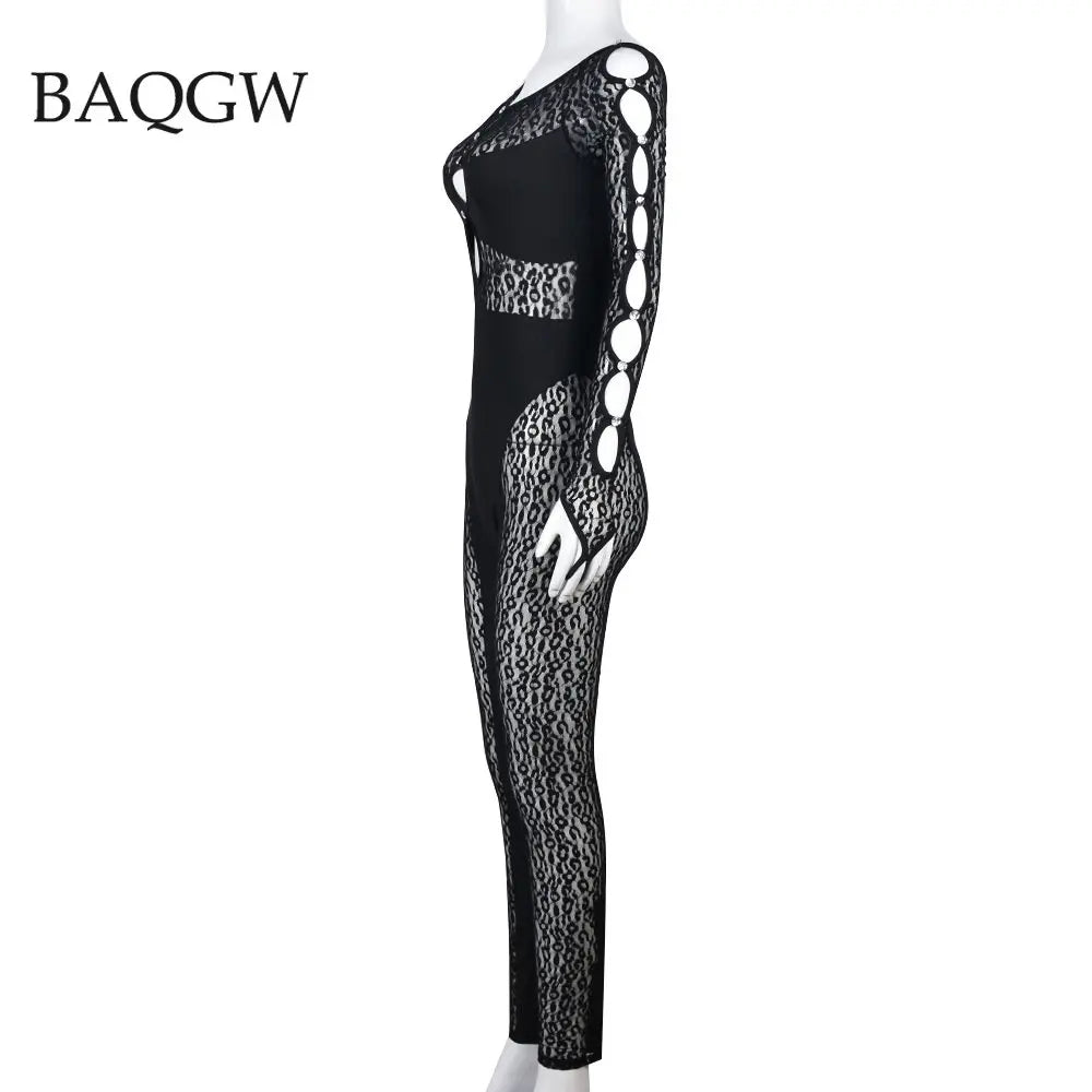Sexy Deep V Neck Cut Out Mesh Hollow Out Slim Jumpsuit Women Print Long Sleeve Button See Through Pencil Pants One Piece Rompers
