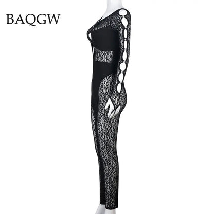 Sexy Deep V Neck Cut Out Mesh Hollow Out Slim Jumpsuit Women Print Long Sleeve Button See Through Pencil Pants One Piece Rompers