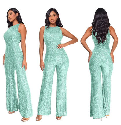 Bling Bling Sequined Club Jumpsuit Sexy Women O-neck Elegant Shiny Sliver Gold Sequins Straight Romper Overalls