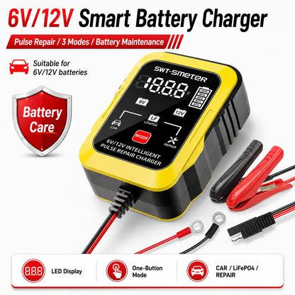 ZNLYRION 2Pcs /pair 6V 12V Smart Car Battery Charger 1.5A Pulse Repair Charger for Lead Acid LiFePO4 Battery Digital Display Auto Motorcycle Battery Maintainer with Alligator Clips Ring Terminal Cables