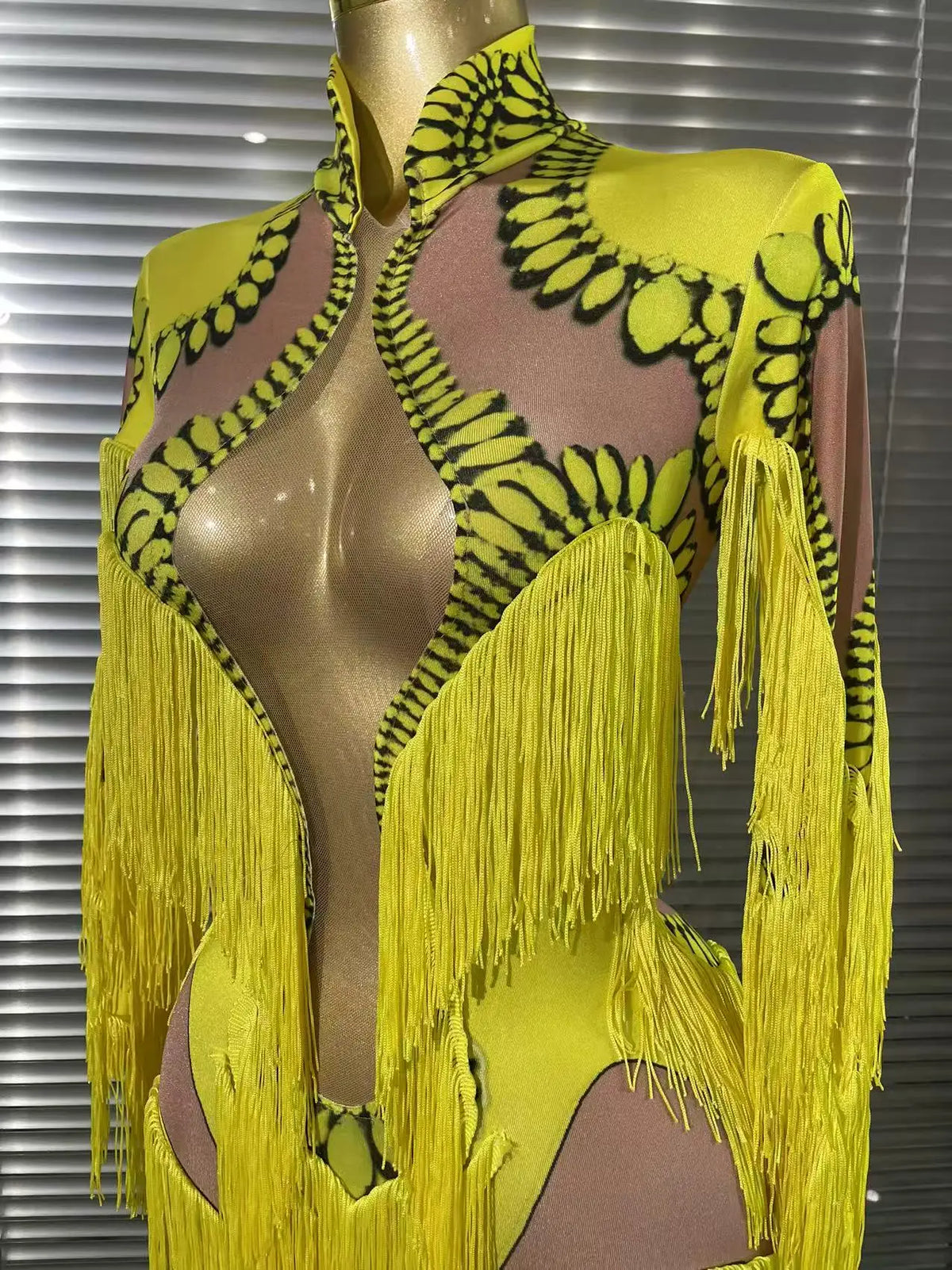 Yellow Tassel Jumpsuit Women Long Sleeve Spandex Skinny Fringe Leotard Sexy Stage Wear DJ Singer Dancer Party Show Costume