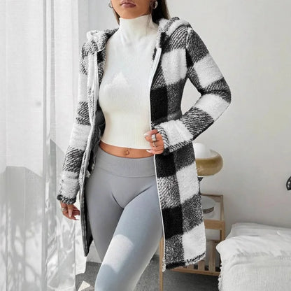Womens Coats Winter Manteau Winter Warm Plush Pocket Coat Womens Plaid Print Hooded Long Zip Cardigan Sobretudo Feminino Inverno