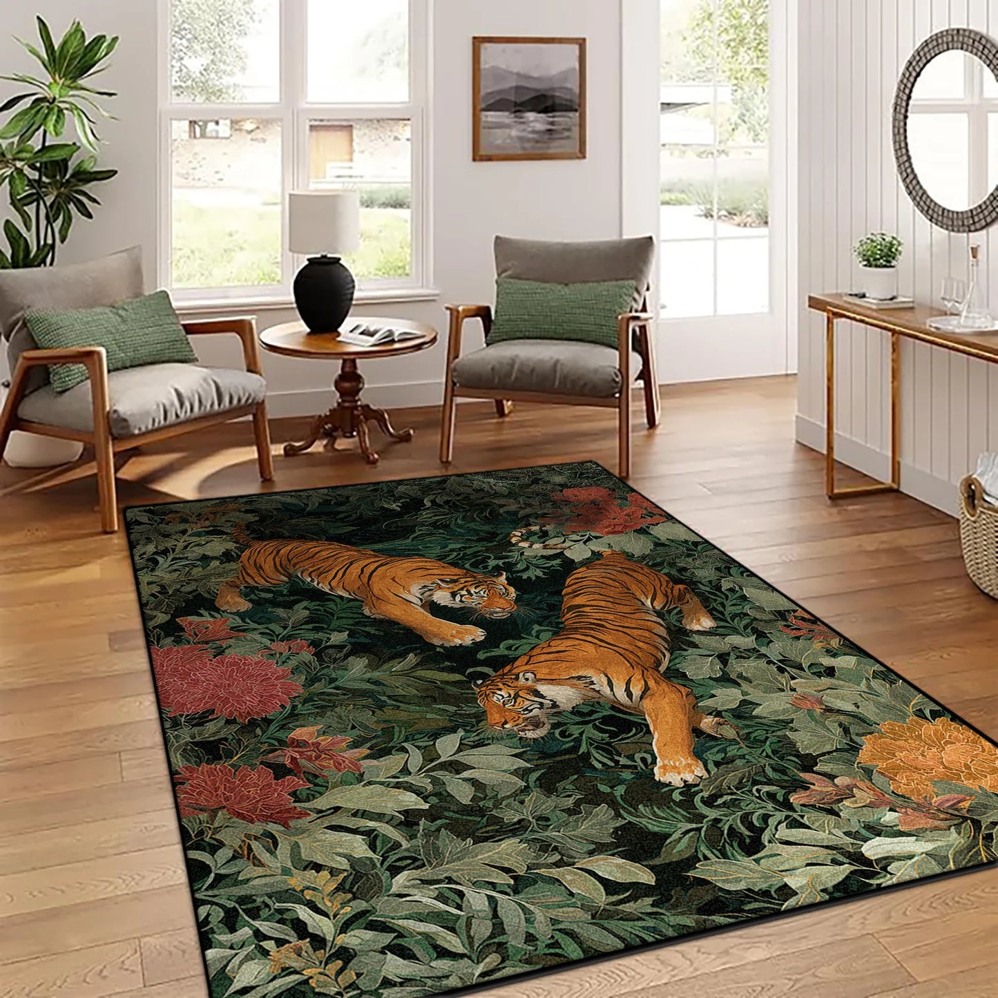 Chinese Style Retro Tiger Pattern Living Room Carpet Oriental Classical Decoration Lounge Sofa Rug Bedroom Non-slip Washable Mat