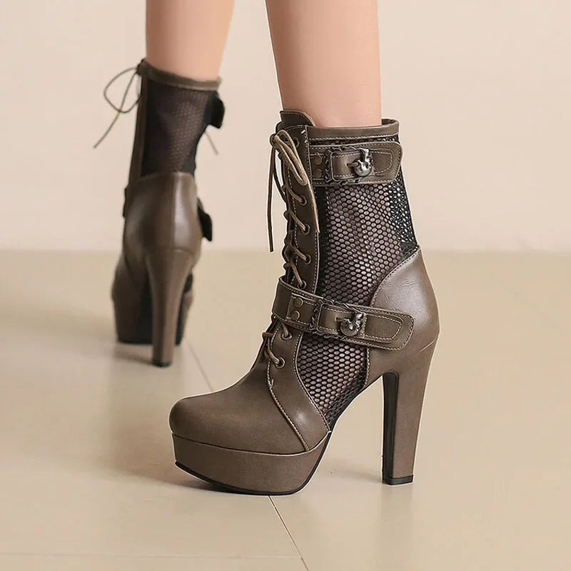 2025 New Lace-up Mesh Summer Boots Women Sexy High Heels Platform Sandals Large Size Women's Custom Boots Female Shoes