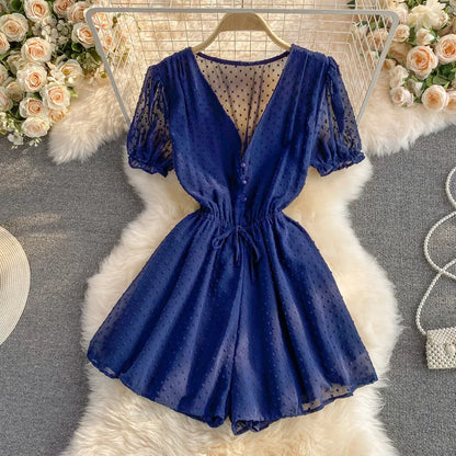 2025 Summer Women Playsuit Polka Dot See Through Thin Beach Rompers Sexy V-neck Short Sleeve Drawstring Sash Slim Waist Overalls
