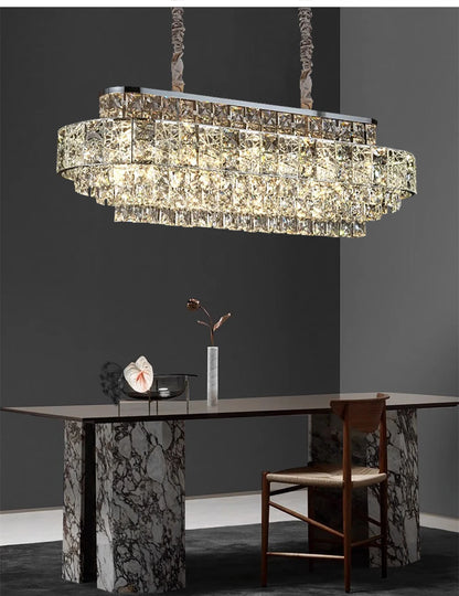Luxury Glittering Crystal Long Pendant Lights Modern Lustres LED Oval Hanging Lamps for Ceiling Home Decor for Dining Room