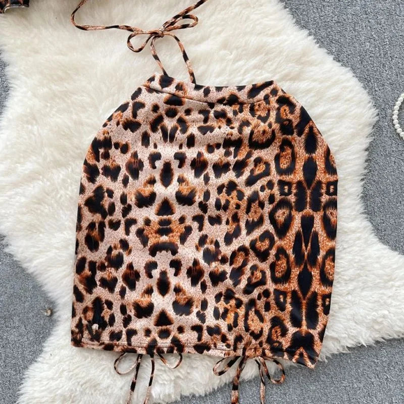 Leopard Print Suits Sexy Women Off the Shoulder Backless Crop Tops+Mini Skirts Sets Halter Drawstring Elastic Hotsweet Club Slim