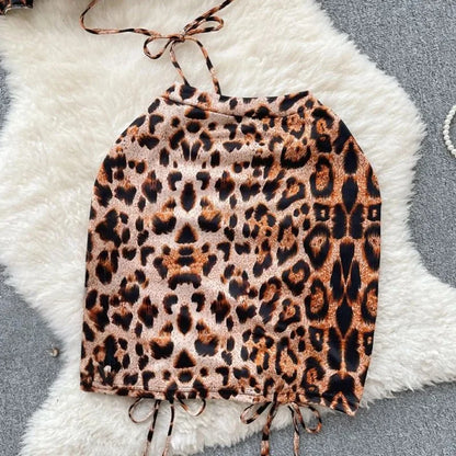 Leopard Print Suits Sexy Women Off the Shoulder Backless Crop Tops+Mini Skirts Sets Halter Drawstring Elastic Hotsweet Club Slim