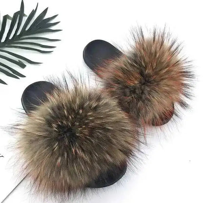 Real Raccoon Fur Slippers For Women 2026 Summer Fluffy Indoor House Fuzzy Flat Slides Outdoor Fashion Beach Sandals Flip Flops