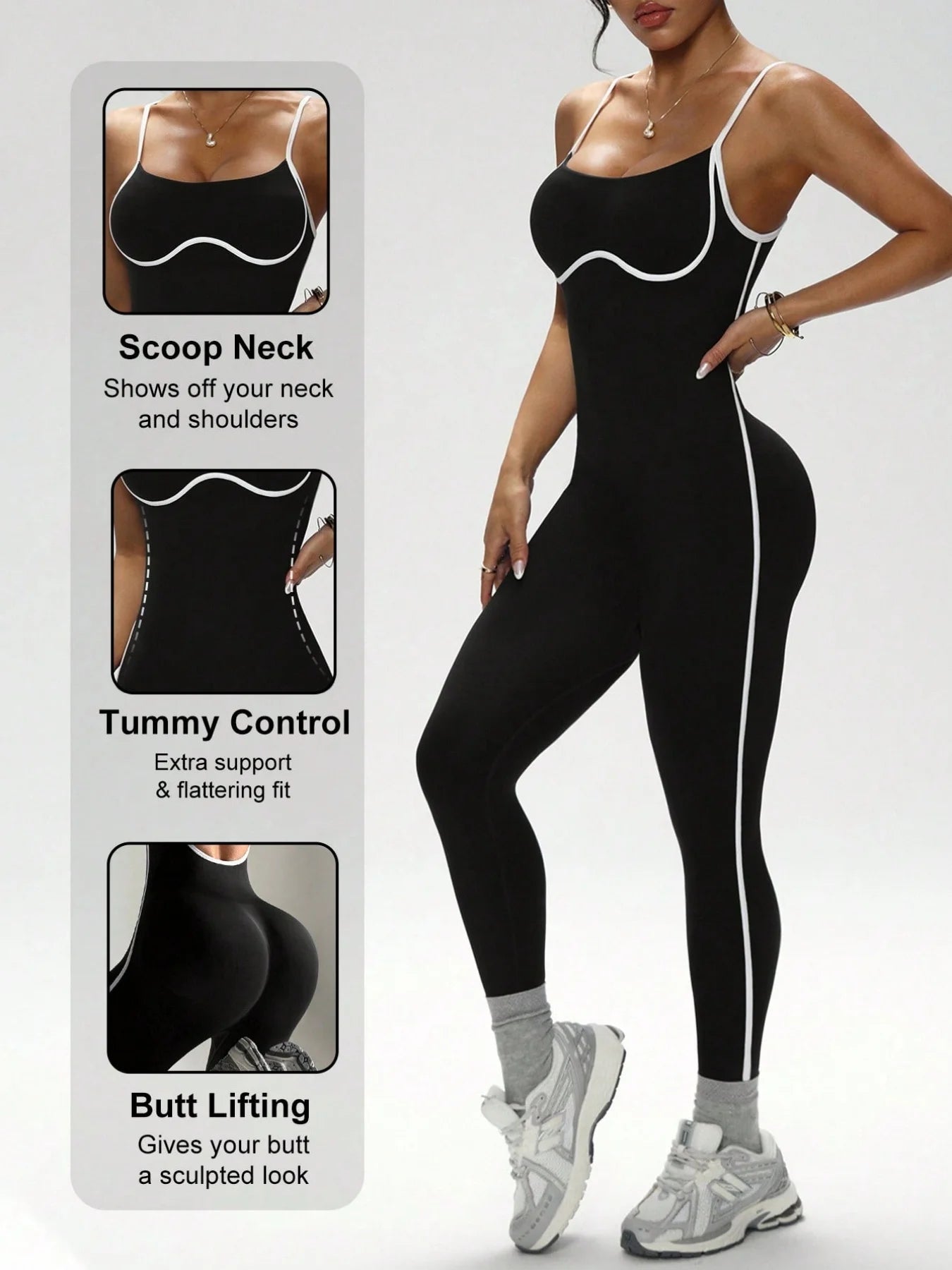 U-Back Contrast Trim Yoga Bodysuit Adjustable Thin Strap One Piece Workout Jumpsuit High Stretch Butt Lifting Gym Fitness Romper