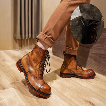 Fashion Cow Genuine Leather Motorcycle Boots Brogue Shoes Retro High Big Head Men's Mid-calf Chelsea Boots For Men Brown