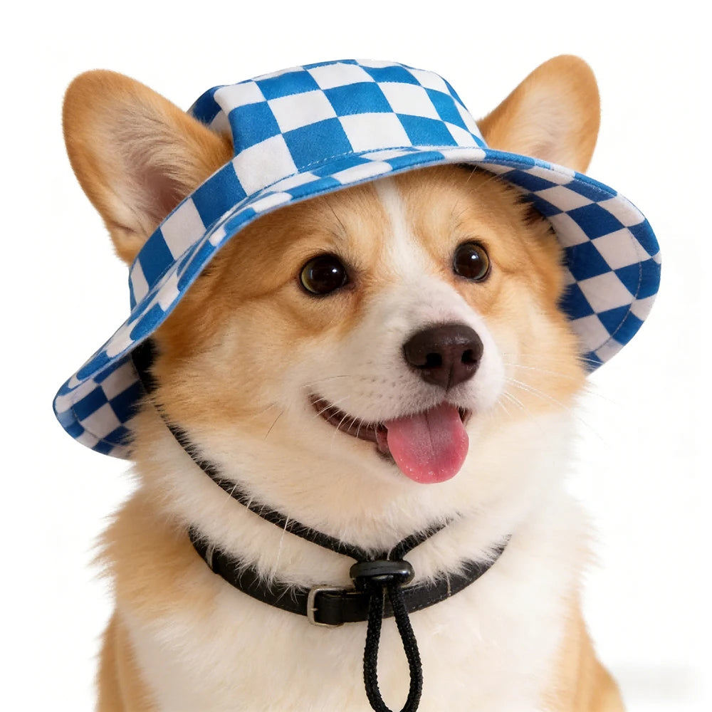 Summer Cat Dog Sunscreen Hat with Printed Checkered Pet Fisherman Hat Suitable for Cats Small Medium-sized Dogs Outdoor Supplies