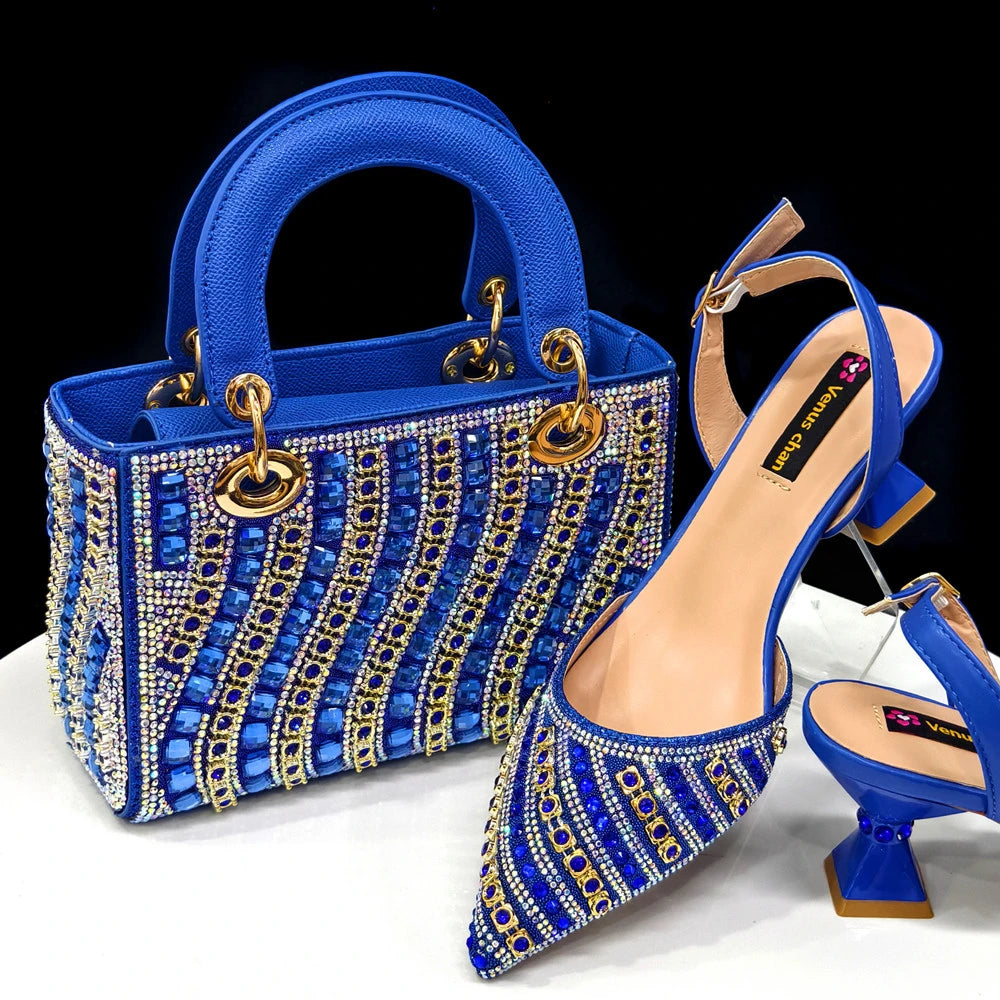 2025 Shiny Italian Fashion Pointed Toe Women Heel Fashion Rhinestone Decoration Fuchsia Color Shoes And Bag Set