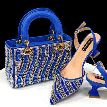 2025 Shiny Italian Fashion Pointed Toe Women Heel Fashion Rhinestone Decoration Fuchsia Color Shoes And Bag Set