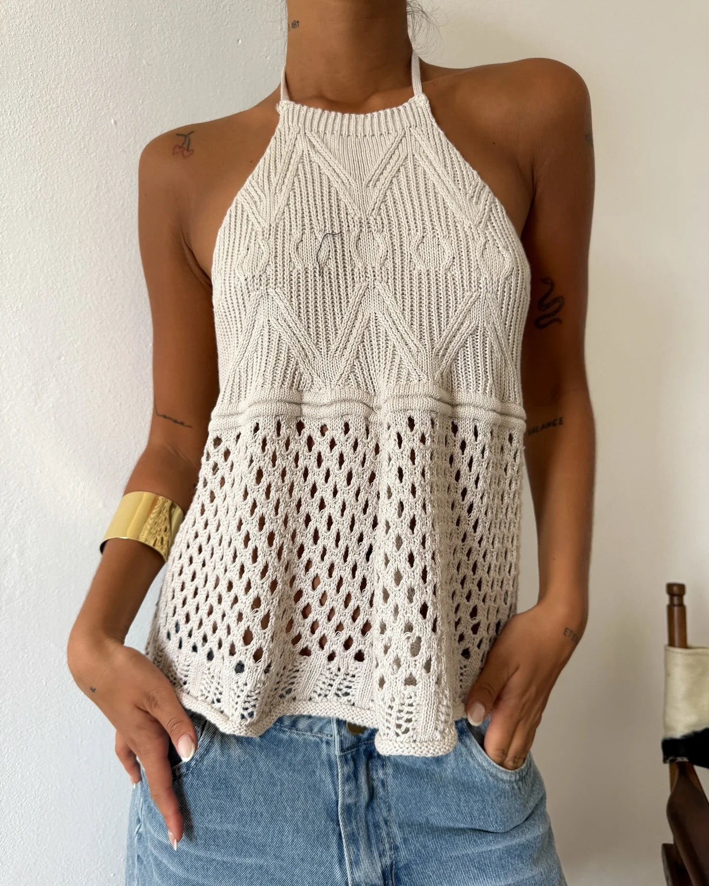 2026 New Style Women's Sleeveless  Knitted Halter Top, with Open Slit and Crochet Mesh Geometric Texture Sleeveless Draping Loose Top, Shipped from American Warehouse, Fast Delivery, Bohemian Style for Spring and Summer Outfi