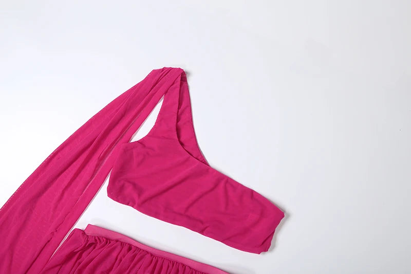 Y2K Sexy 2 Piece Set Women See Through Midnight Irregular Full Sleeve Crop Tops+Ruched Split Skirts Matching Clubwear