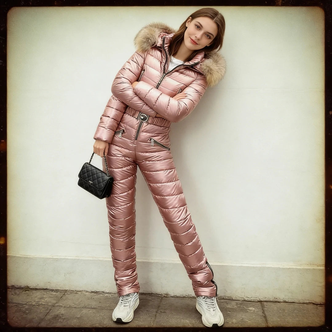 Jumpsuits One Piece Ski Suit Winter Thicken Snow Place Down Cotton Women Suits Warm Hooded Waist Slim Shiny Outdoor Sports