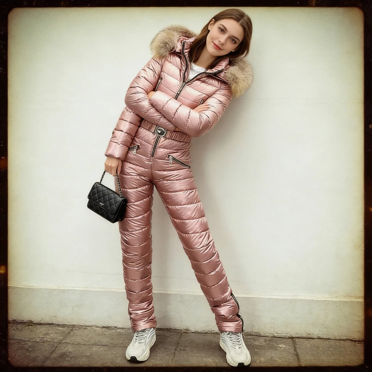 Jumpsuits One Piece Ski Suit Winter Thicken Snow Place Down Cotton Women Suits Warm Hooded Waist Slim Shiny Outdoor Sports