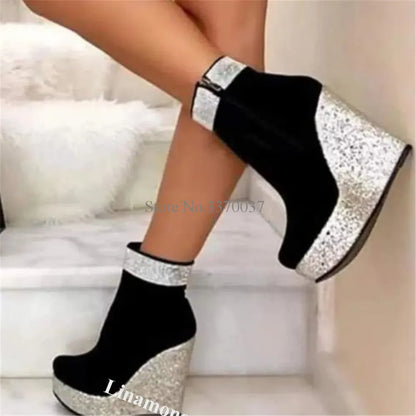 Bling Bling Glitter Platform Wedge Short Boots Linamong Sexy Silver Gold Sequined Patchwork Black Suede Ankle Wedge Booties