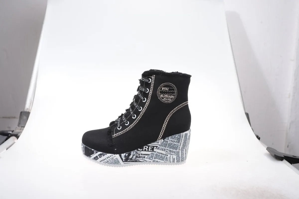 Women's Wedge Sneakers High Top Round Toe Denim-Look Lace-Up Side Zipper Letter Print Detail Casual Platform Ankle Boots 2026