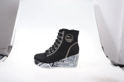 Women's Wedge Sneakers High Top Round Toe Denim-Look Lace-Up Side Zipper Letter Print Detail Casual Platform Ankle Boots 2026
