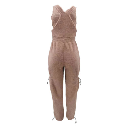 Lace Up Jumpsuit Women One Piece Jumpsuits Fur Rompers High Waist Spring Autumn Pants Mom Overalls Playsuits Elegant Pink
