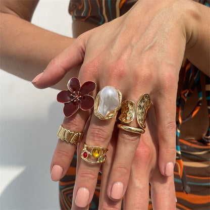 8Pcs/Set Vintage Pink Metal Flower Ring Set for Women Punk Elegant Baroque Pearl Knuckle Joint Ring Party Daily Wear Jewelry
